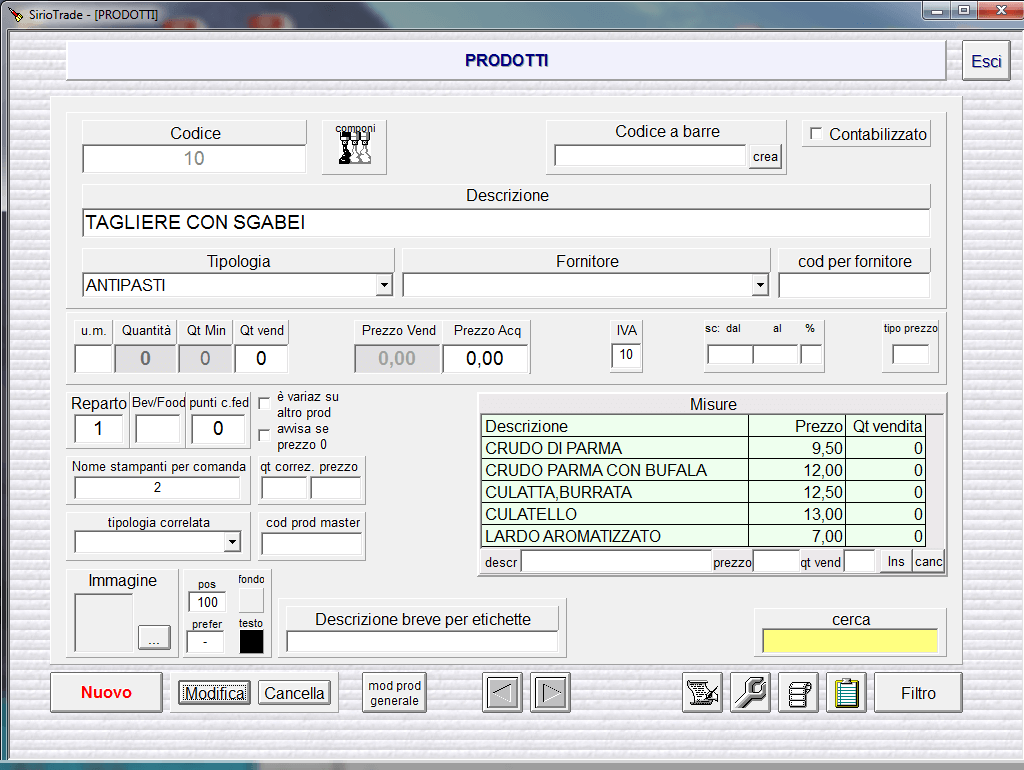Programma Software sistema Gestionale SirioTrade Ristorante prodotti
